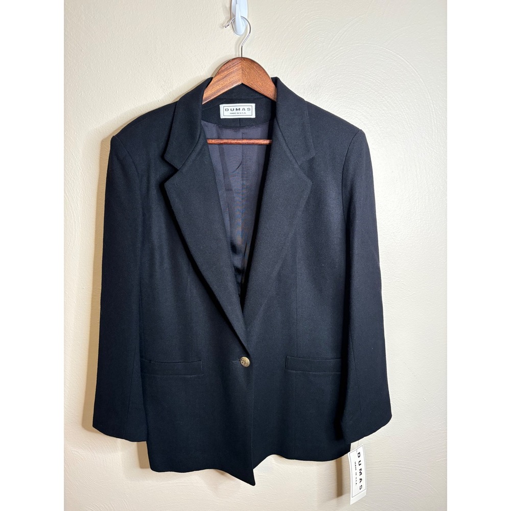 Dumas Vintage Womens Black 100% Wool Blazer Jacket Gold Button Made in USA Sz 12